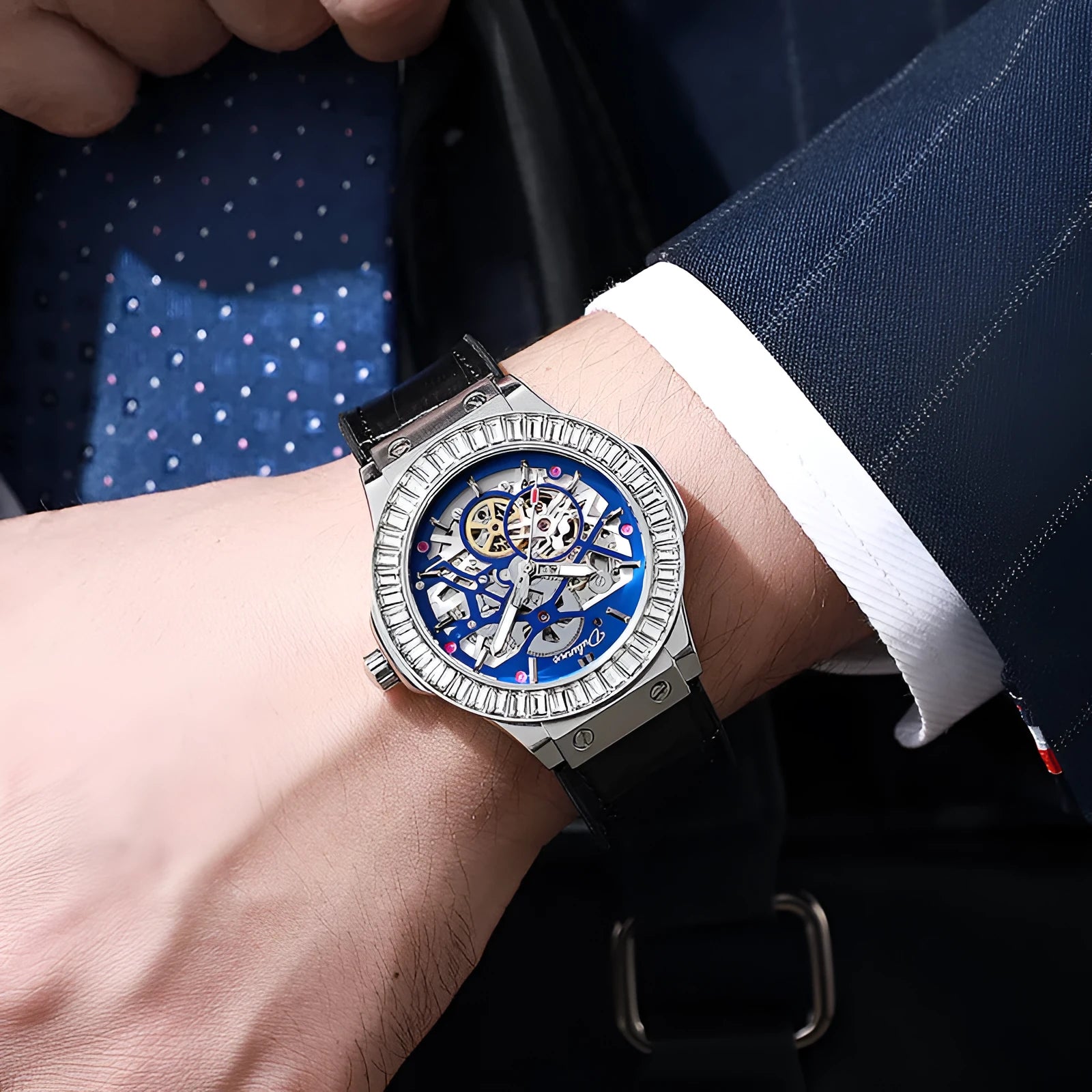 Men's automatic mechanical watch with diamond bezel and skeleton dial on white shell case.