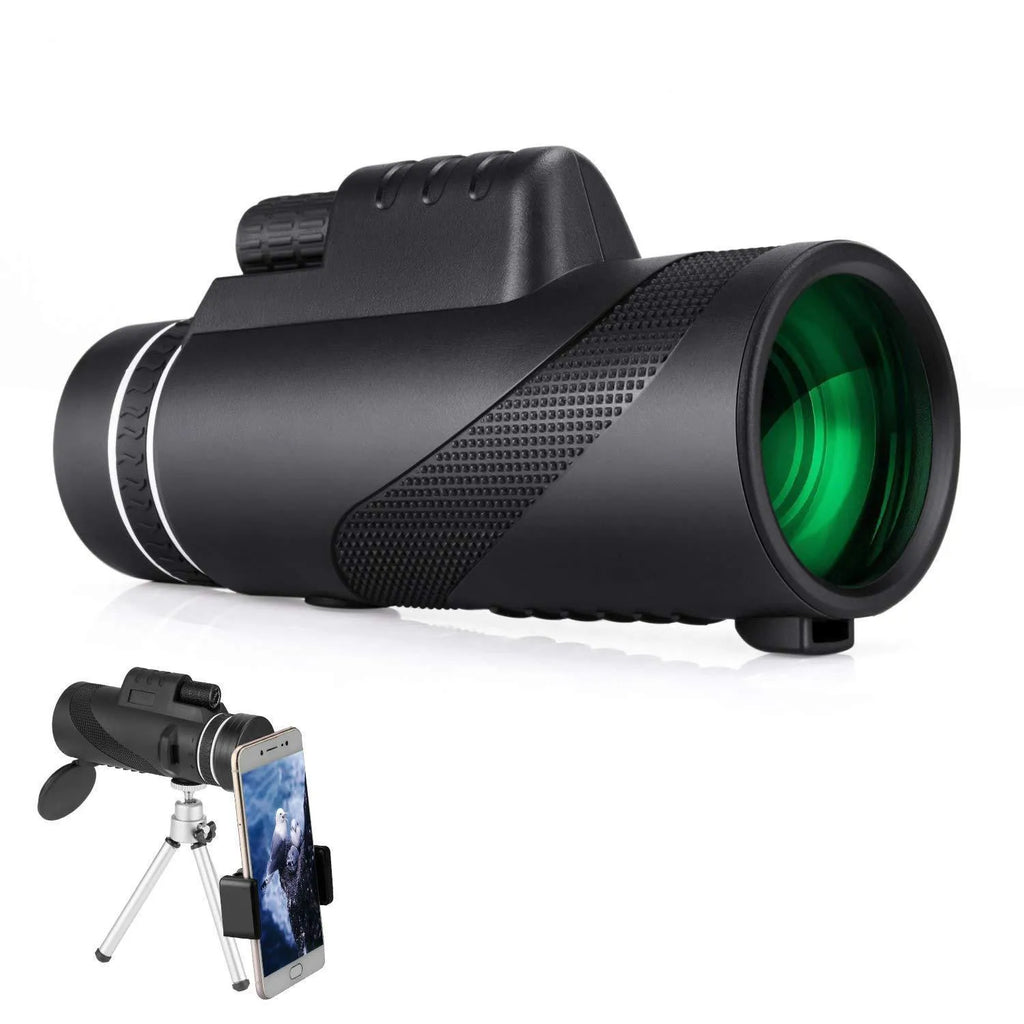 Black 40x60 monocular telescope showing lens details and compact size