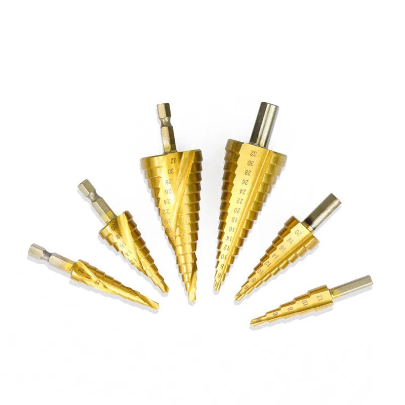 High speed steel step drill bit and centre punch set for drilling metal, wood, and plastic.