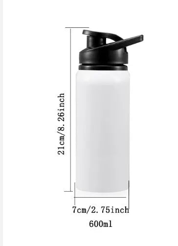 White aluminium sports water bottle for cycling, shown in 600ml and 750ml size options.