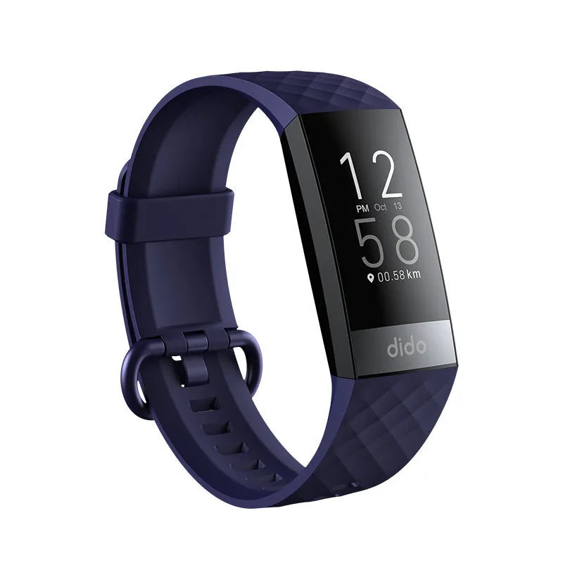 Black smart health monitoring bracelet with a 1.1-inch screen on a wrist strap.