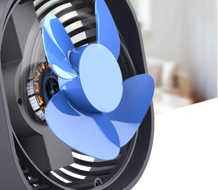 USB charging desk fan with alarm clock display and 360-degree rotation, in blue colour