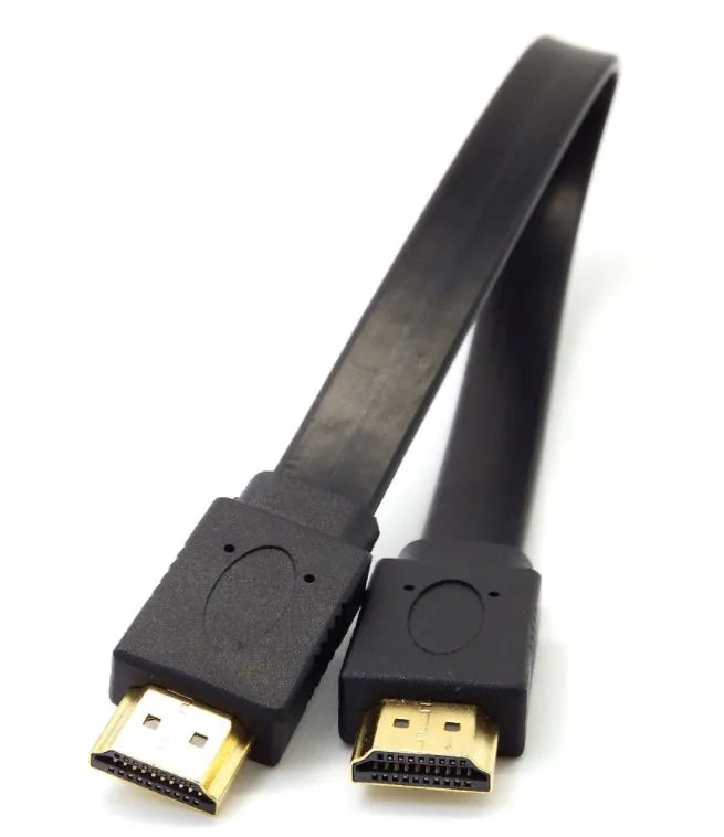 Flat black HDMI cable with male connectors shown at various lengths on a white background.