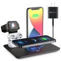 Black desktop wireless charging station for phone with watch and headphone charging outputs