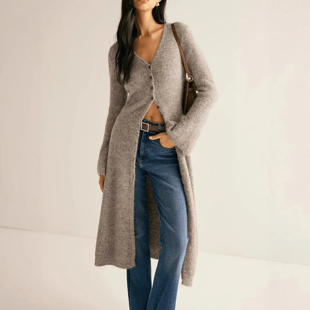 Khaki French style elegant retro women's cardigan with button front closure and long sleeves