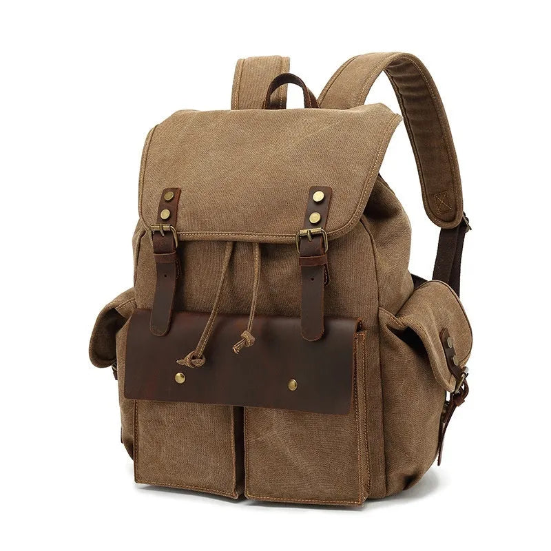 Retro wear resistant canvas backpack in military green with antique bronze hardware, showing front and side profiles.