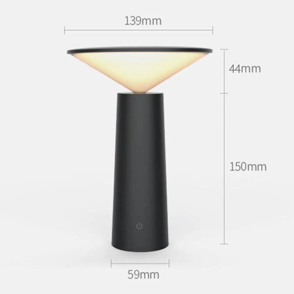 Black USB rechargeable LED desk lamp with touch controls and an adjustable lamp head on a wooden desk