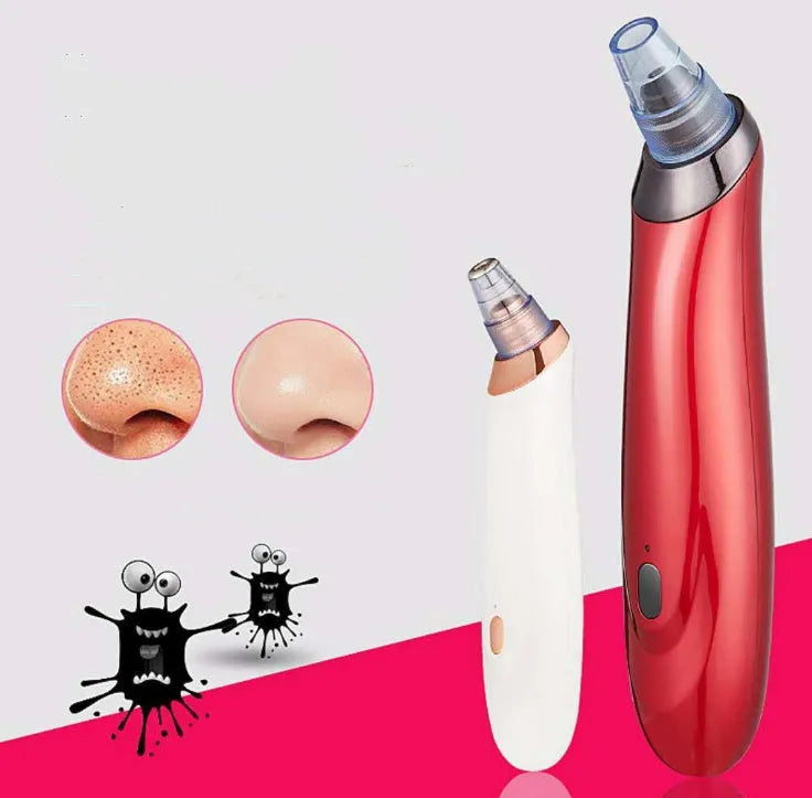 Electric blackhead remover device with five nozzle attachments in black, gold, red, or white colour options.