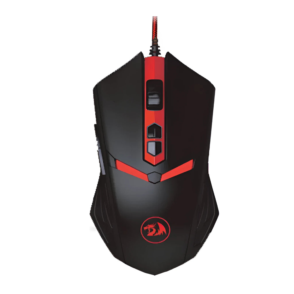 Black and red ergonomic USB wired gaming mouse with six buttons on a 1.8m cable.