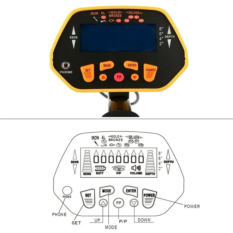 GC1028 black and yellow professional metal detector with LCD display and waterproof search coil on adjustable pole.