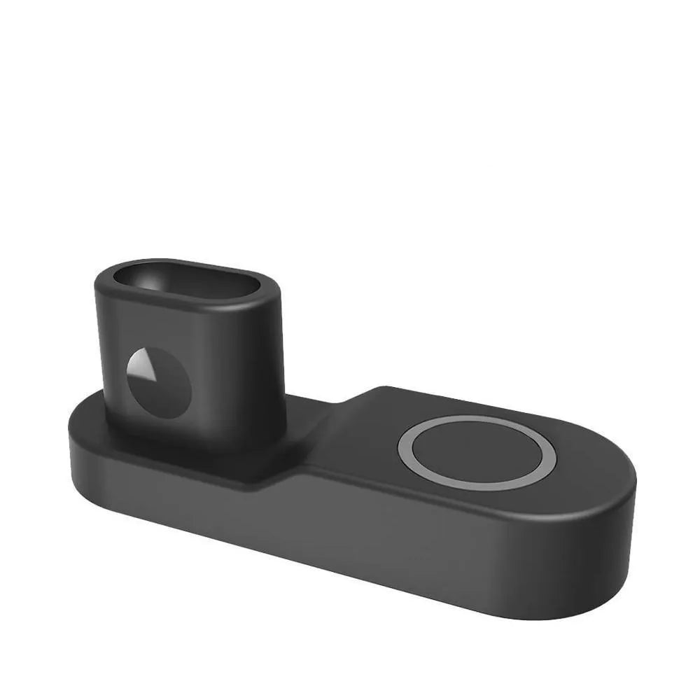 W3 wireless charging station showing phone, Apple Watch, and earphones charging simultaneously on black unit