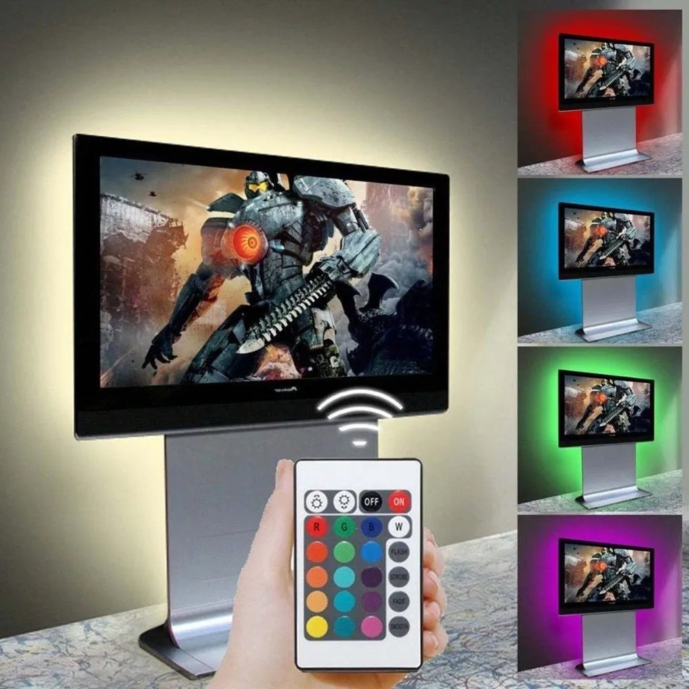 One-metre long flexible USB LED light strip showing multiple colour options including blue and white.