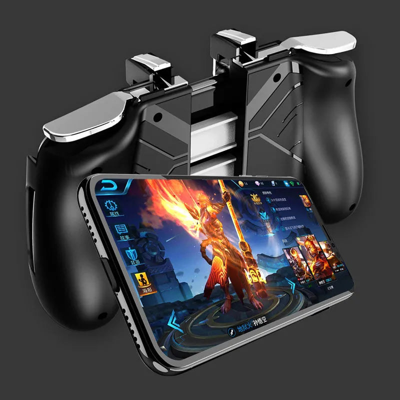 Universal mobile game handle in black showing adjustable phone clamp and dual analogue sticks.