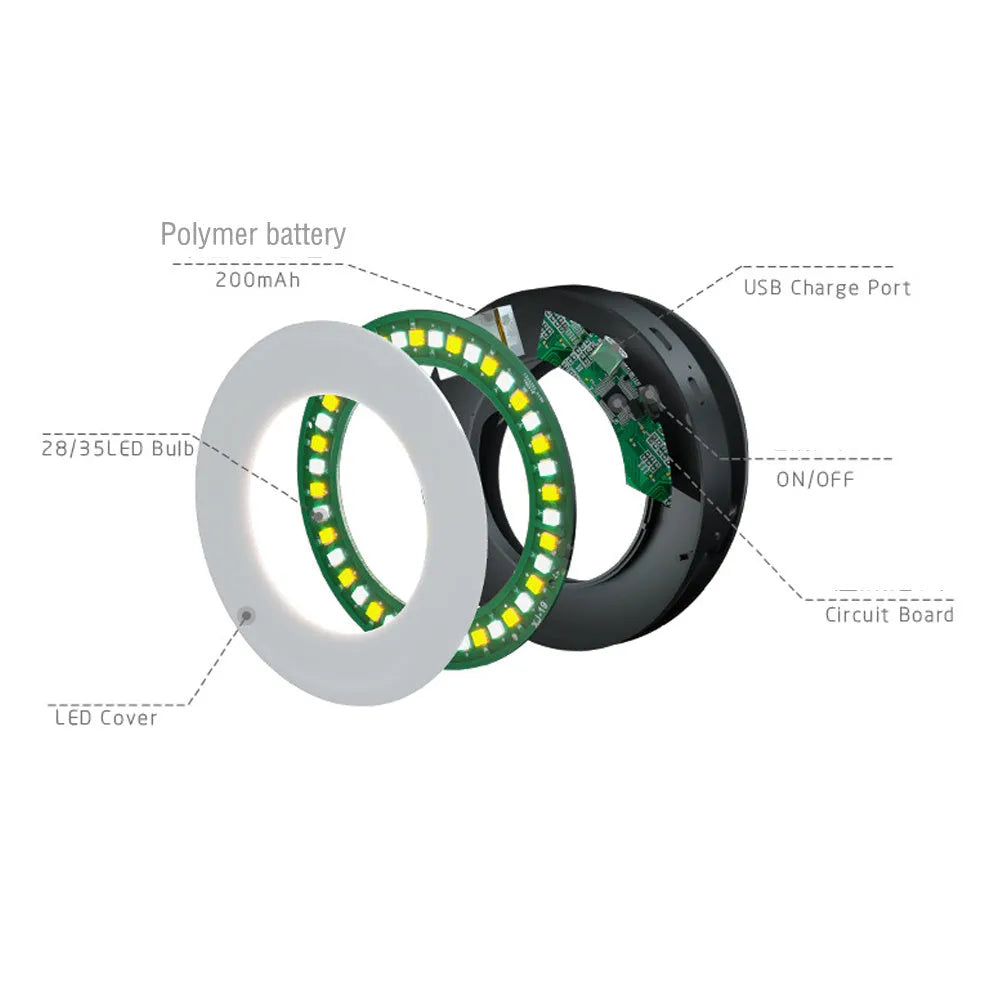 Compact black LED selfie ring light for mobile phones with USB cable.