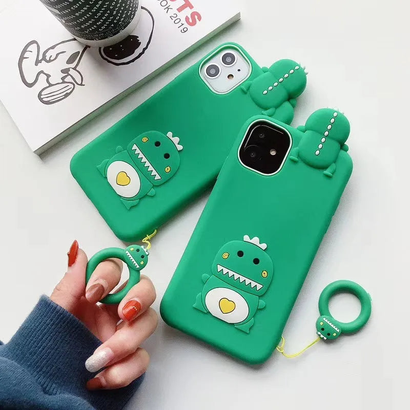 Green silicone iPhone case with cartoon animal design showing front and back views