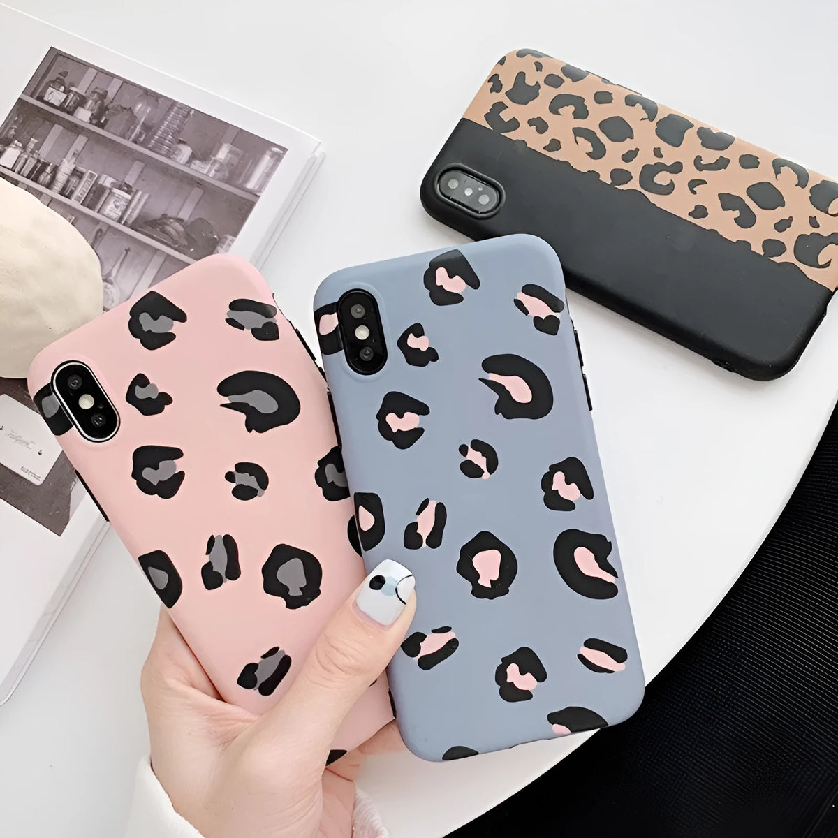 Leopard phone case for iPhone in Black, Blue and Pink – back cover with leopard pattern, fits iPhone 6 to 13 Pro Max.