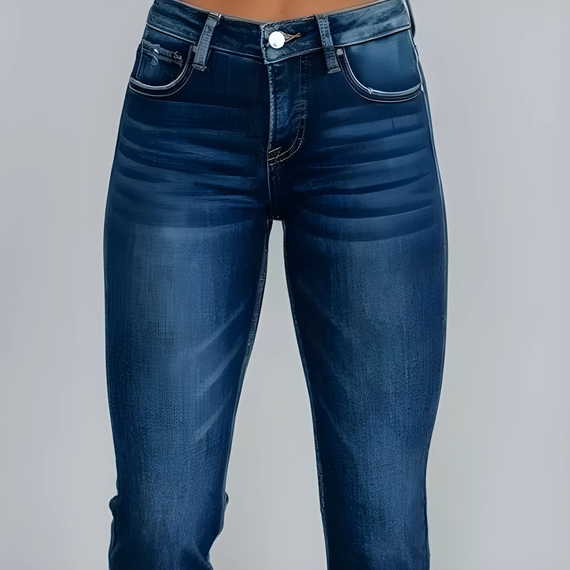 Solid colour women's cotton denim jeans with a hand-distressed finish in dark blue