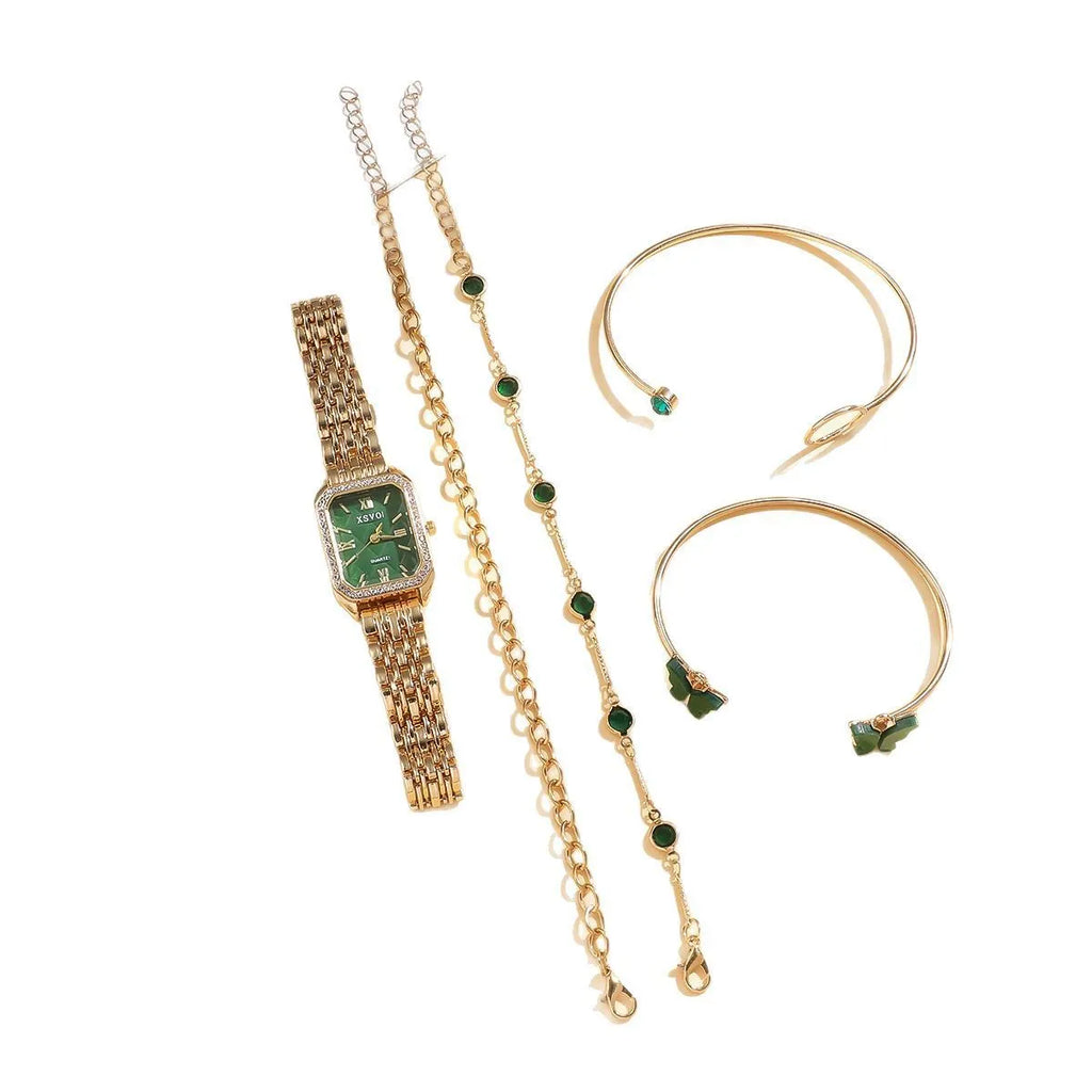 Gold green women's square watch with four matching bracelets, 25mm dial diameter