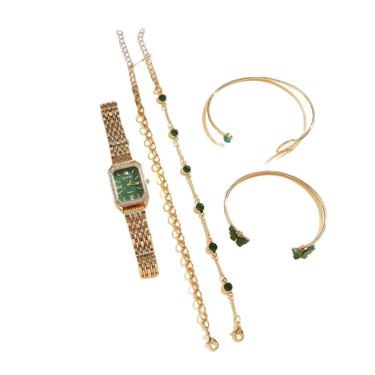 Gold green women's square watch with four matching bracelets, 25mm dial diameter
