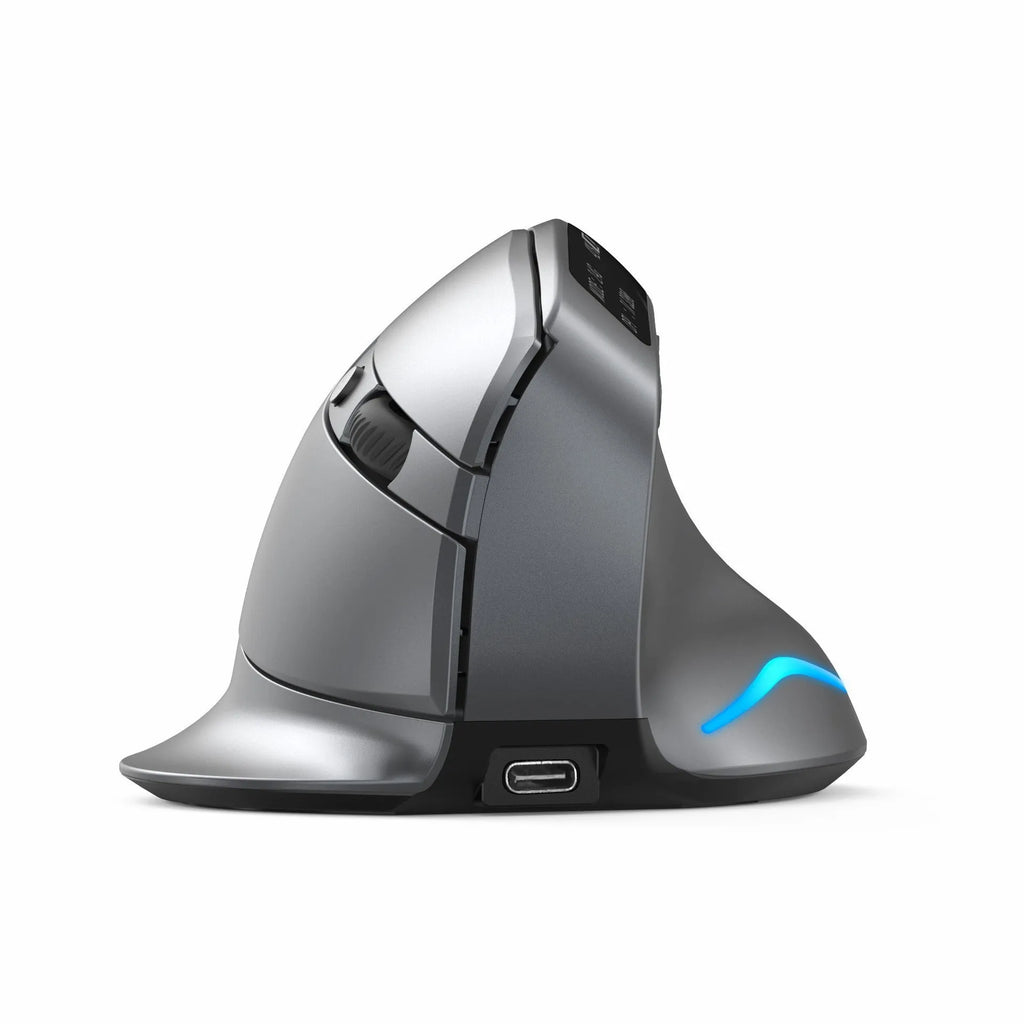 Grey vertical ergonomic mouse with Bluetooth connectivity and self-charging capability