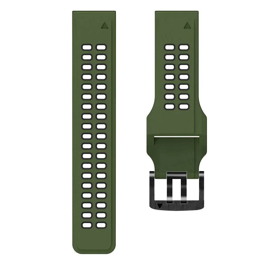 Two-colour silicone watch strap with quick-release pins showing black and orange combination on 22mm width