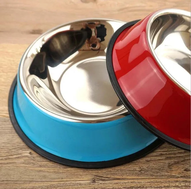 Stainless steel pet bowl with colourful melamine exterior in six size options with non-slip base