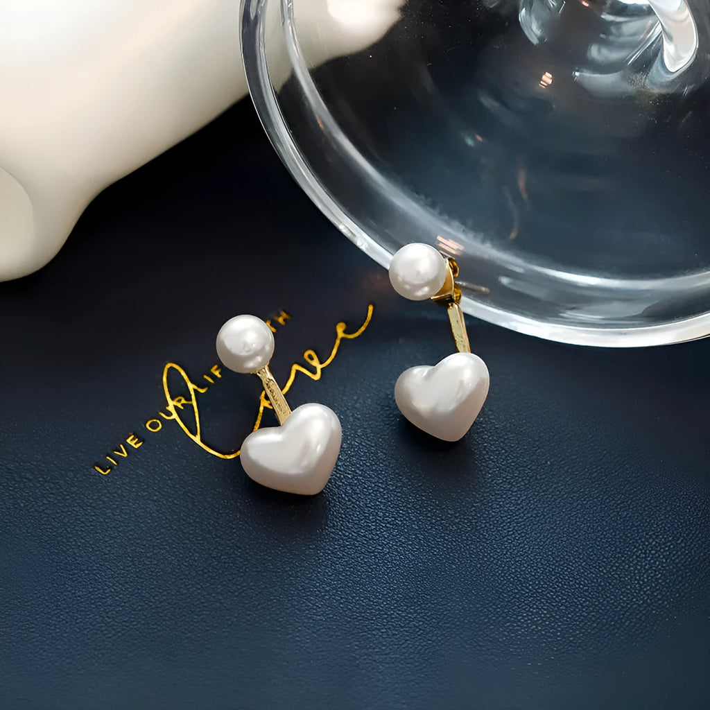 Heart-shaped stud earrings with artificial pearl gemstones in Korean style design
