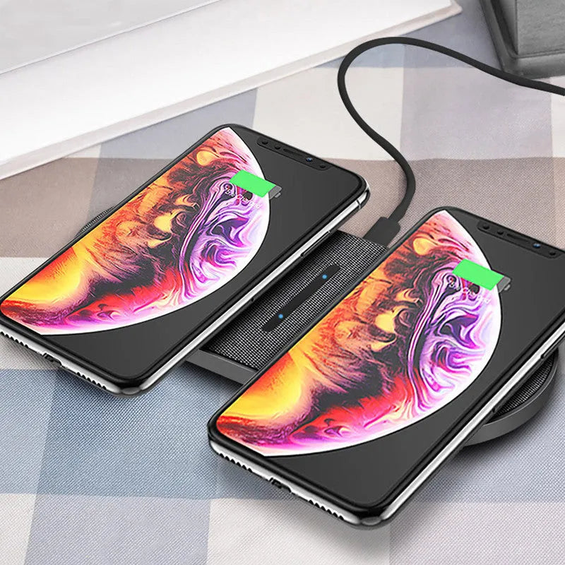 Black wireless charging pad pair showing two flat charging surfaces with indicator lights