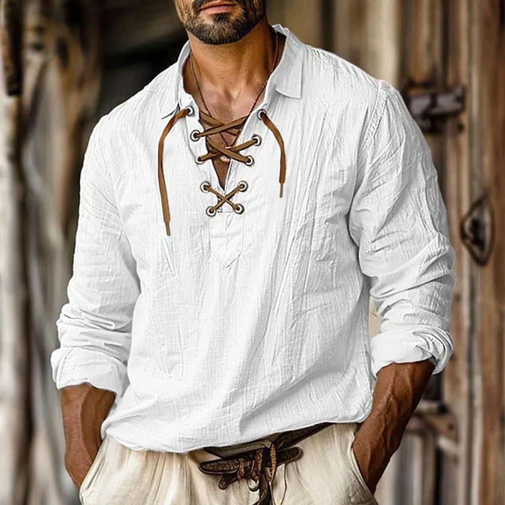 Men's loose fit blue linen blend shirt with lace-trimmed lapel collar and long sleeves.