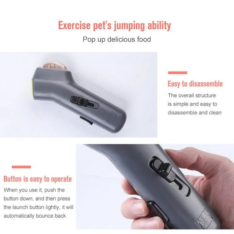 Grey pet snack catapult launcher with spring trigger for dogs and cats