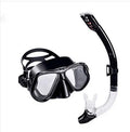 Black diving goggles with anti-fog glass lens, PC frame, adjustable silicone strap, and silicone mouthpiece.
