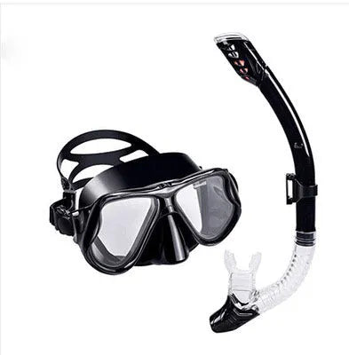 Black diving goggles with anti-fog glass lens, PC frame, adjustable silicone strap, and silicone mouthpiece.