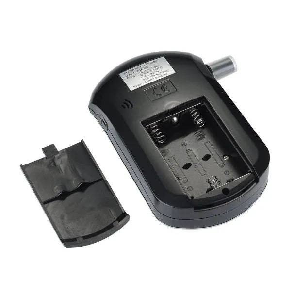 Black portable alcohol breathalyser with LCD screen and detachable mouthpiece.