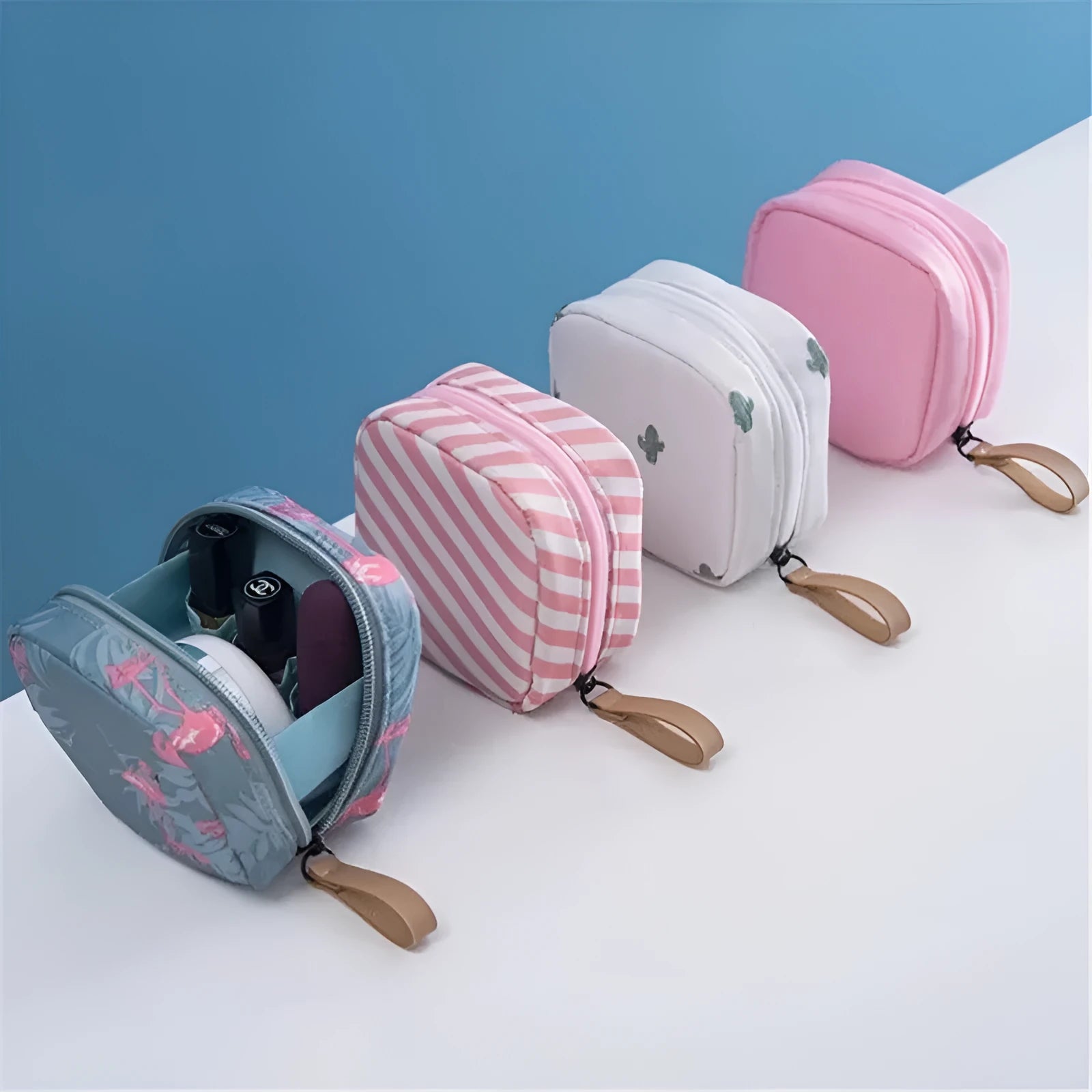 Cube-shaped cloth makeup storage bag in blue, pink, white, or white pink colour options