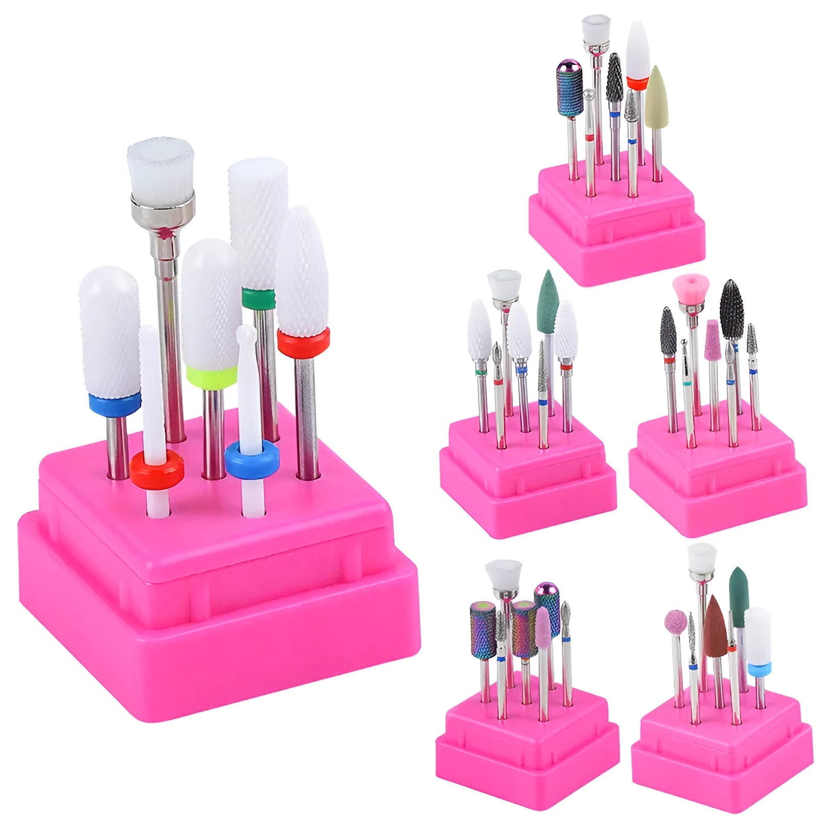 Tungsten steel nail drill bit set with six different bits and a brush in a clear storage case.