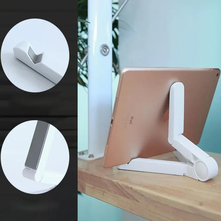 Black foldable tablet holder displaying a smartphone in landscape mode on a desk.