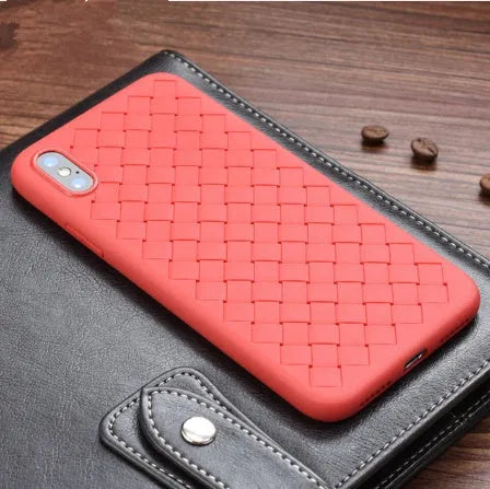 Black grid weave TPU phone case for iPhone showing raised screen lip and precise port cutouts.