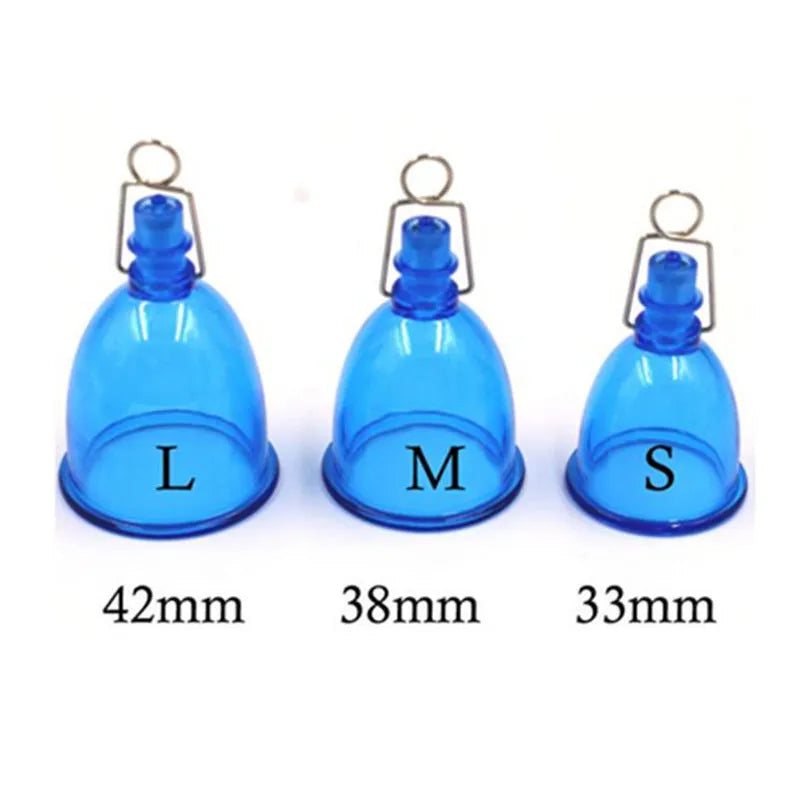 Blue medical-grade silicone men's physical stretch exerciser showing S, M, and L size options