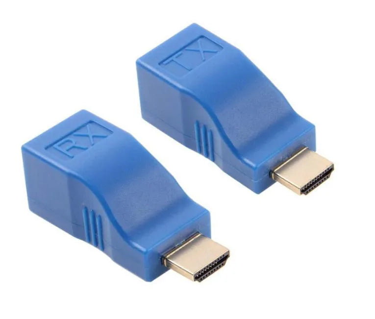 HDMI extender transmitter and receiver units for 1080P signal over Cat-5e cable up to 30 metres.