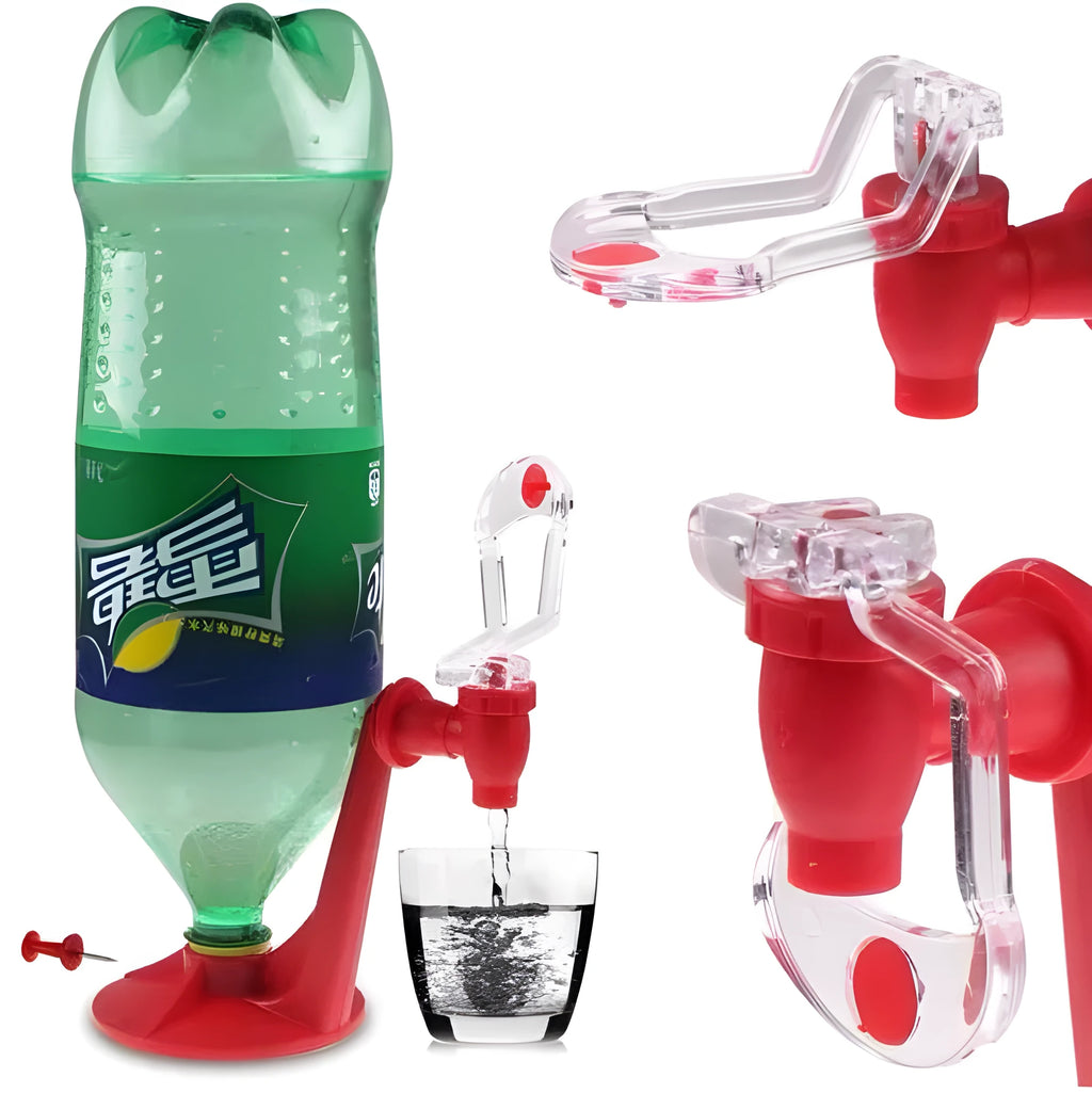 Red plastic Magic Tap soda bottle dispenser attached to a 2-litre drink bottle