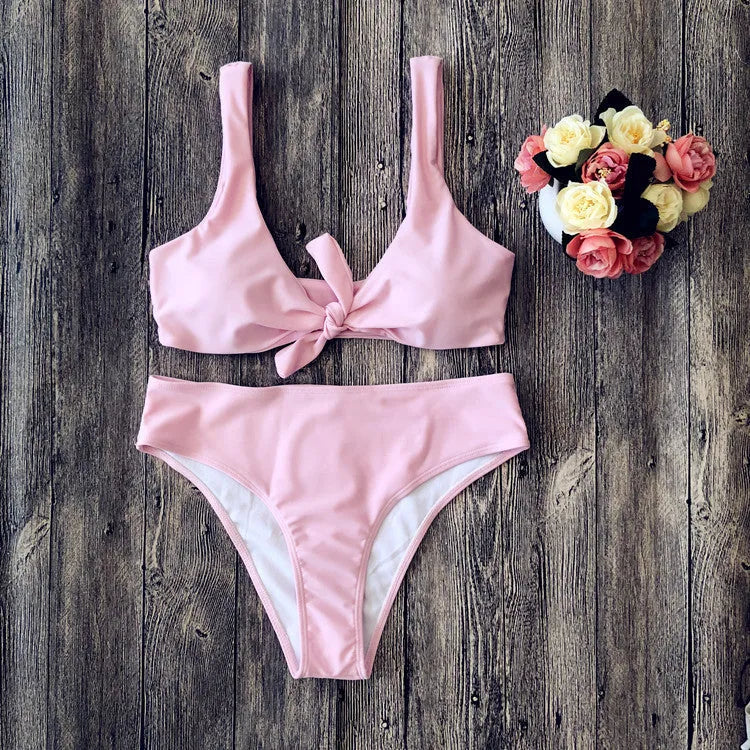 Polyester bikini set in five colour options with sleeveless top and matching bottoms