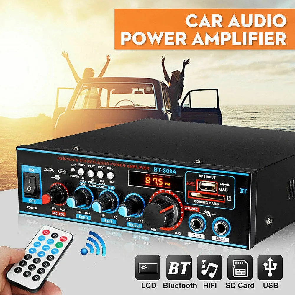 Black dual-purpose power amplifier with Bluetooth and recording functions for home and car audio