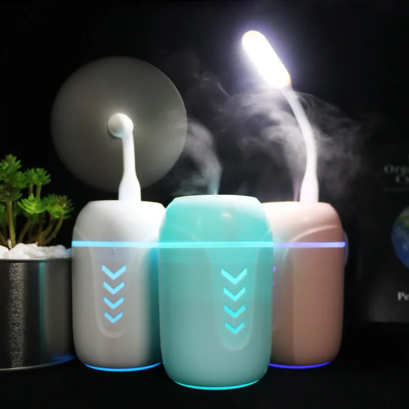 Portable car humidifier in columnar design with 200ml capacity and aromatherapy function