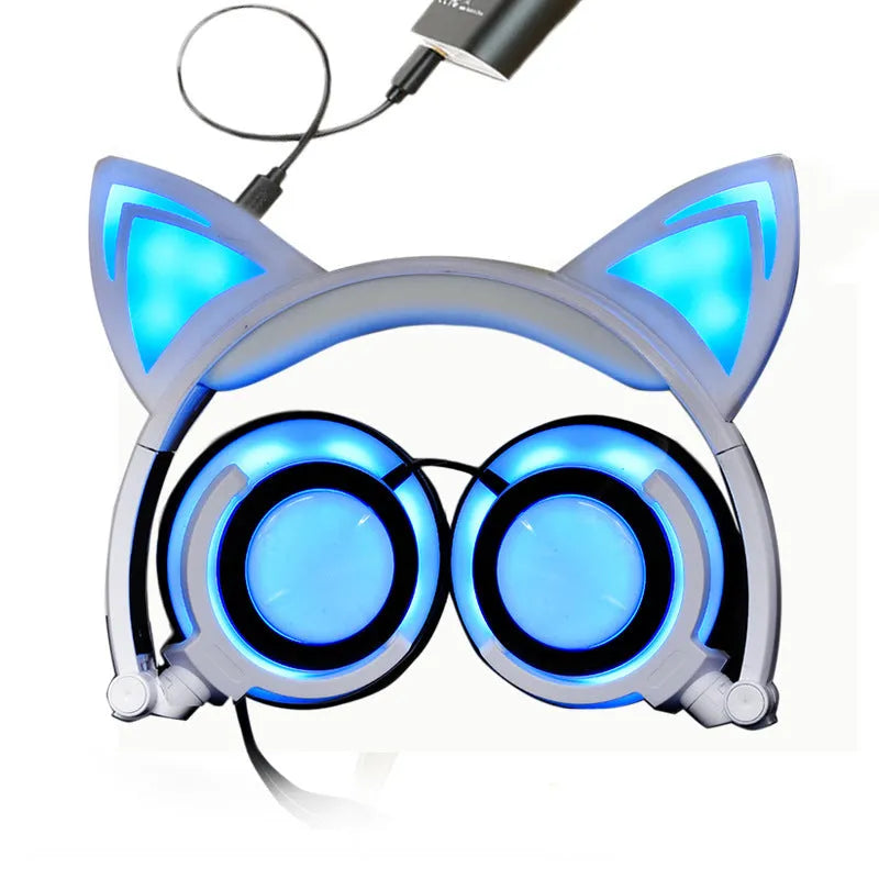 Cat ear head-mounted luminous foldable mobile phone music headset, 183mm x 200mm x 30mm, USB light-up variants