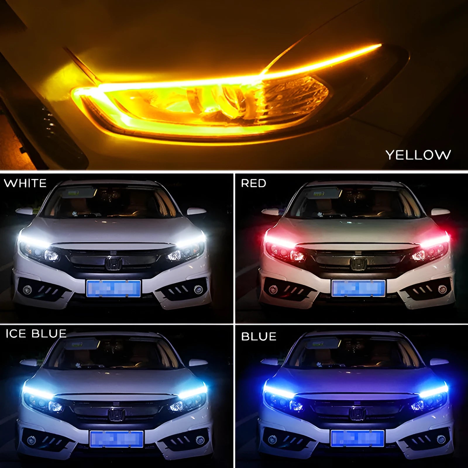 Flexible silicone car LED daytime running light strip with turn signal function, showing wire connections.