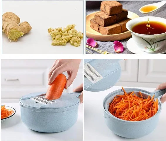 8-in-1 mandoline slicer with stainless steel blades, strainer, container, and hand protector in blue or pink.