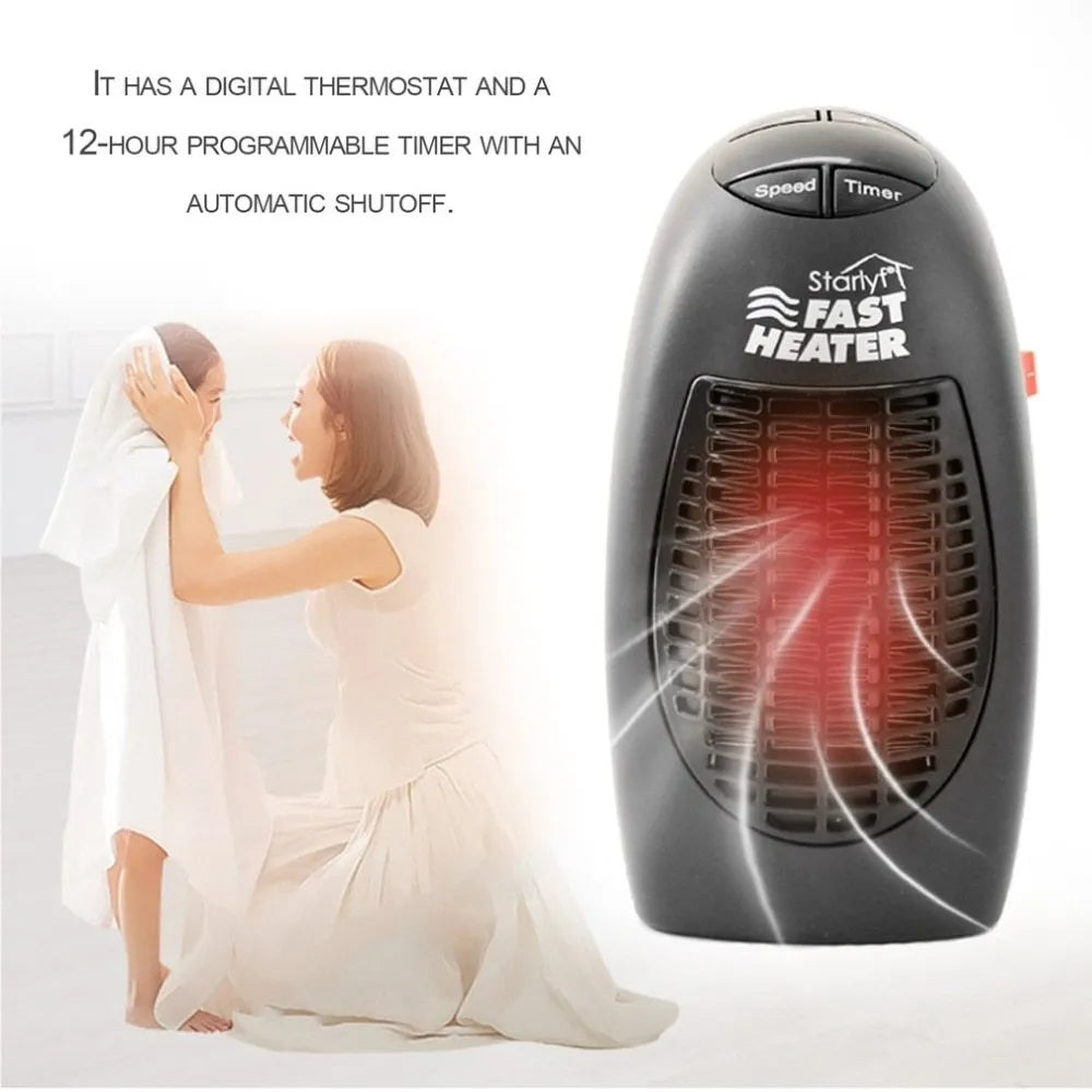 Small black mini ceramic electric heater with digital display and a rotating three-prong plug.