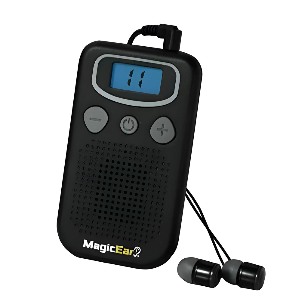 Black digital personal voice enhancer hearing aid booster device with a display, resembling a handheld radio.
