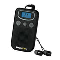 Black digital personal voice enhancer hearing aid booster device with a display, resembling a handheld radio.