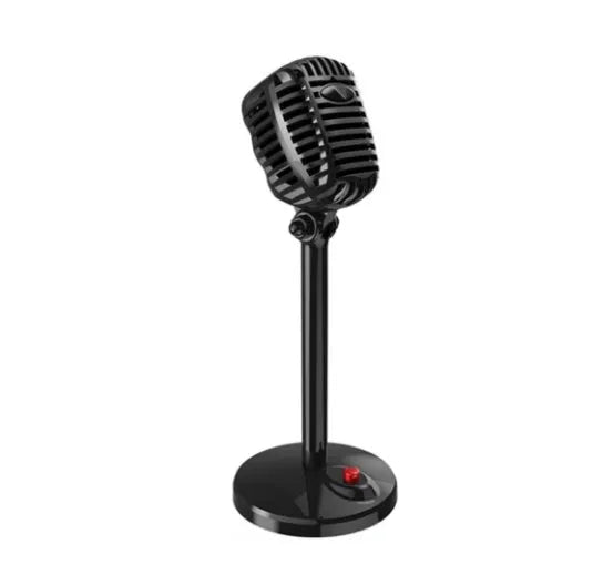 Black USB computer microphone with adjustable stand on weighted base
